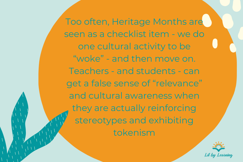 A quote from the blog post 10 Books for Read Aloud for Hispanic Heritage Month warns about the tokenism that often accompanies Heritage Months.