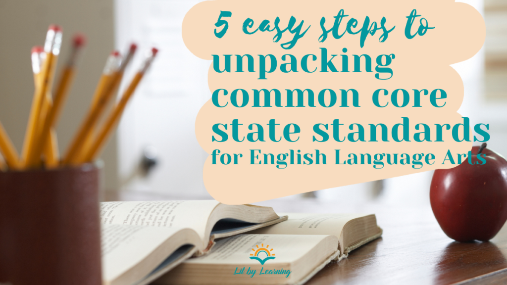With a background of a teacher's desk with pencils and an apple, the title of the blog reads, "5 easy steps to unpacking common core standards for English Language Arts."