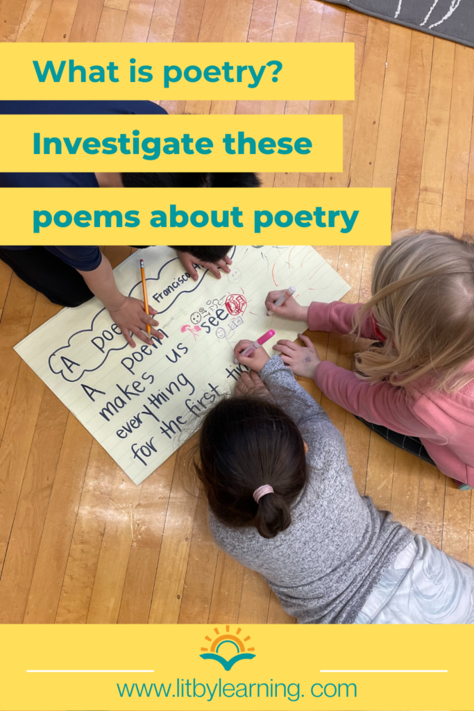 The background shows students annotating a poem. The turquoise words on yellow stripes read., "What is poetry? Investigate these poems about poetry."