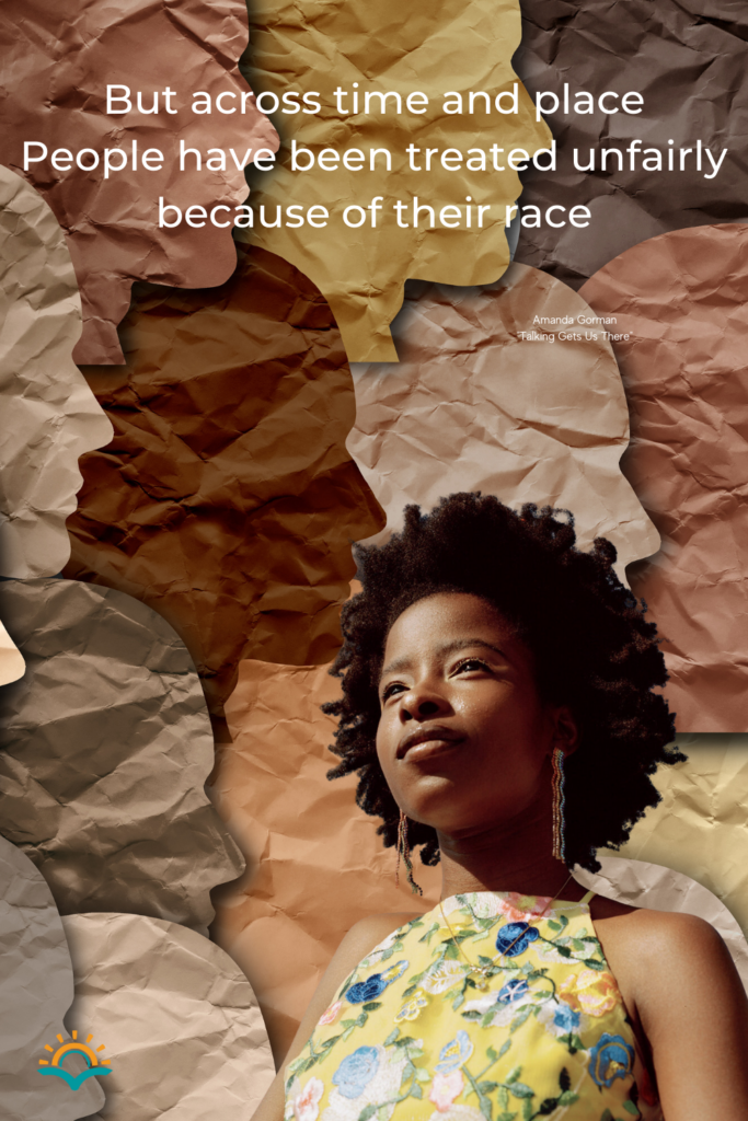 In the background are paper silhouettes featuring many diverse skin colors. In the forefont is a photo of poet Amanda Gorman. The white words contain an excerpt from an Amanda Gorman poem, "American Lyric."