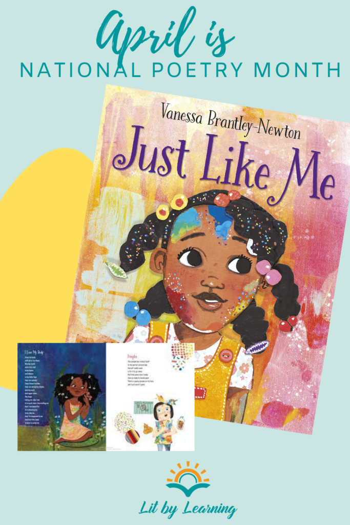 With turquoise letters on a light blue background, the header reads National Poetry Month April. The image shows the front cover of poetry book "Just Like Me" and one page from inside the book.