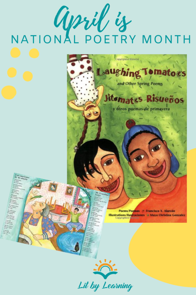 With turquoise letters on a light blue background, the header reads National Poetry Month April. The image shows the front cover of poetry book "Laughing Tomatoes" and one page from inside the book.