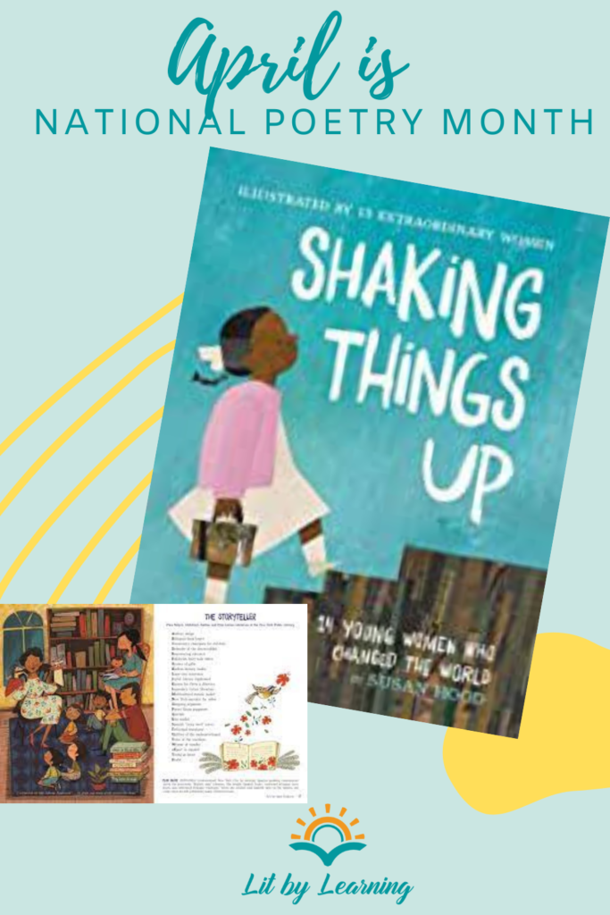 With turquoise letters on a light blue background, the header reads National Poetry Month April. The image shows the front cover of poetry book "Shaking Things Up" and one page from inside the book.