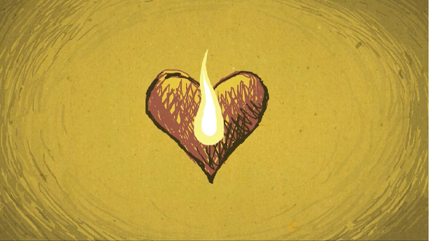 This is a screenshot from the visual poem "Keepers of the Flame" by Peter H. Reynolds.  It shows a hear with a tiny flame inside.