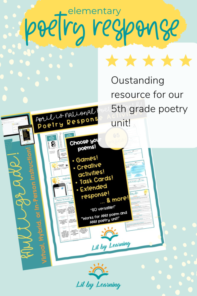 On a light blue background, the LIt By Learning resource "Poetry Response"  is pictured. Next to it is a 5 star review reading "Outstanding resource for our 5th grade poetry unit!"