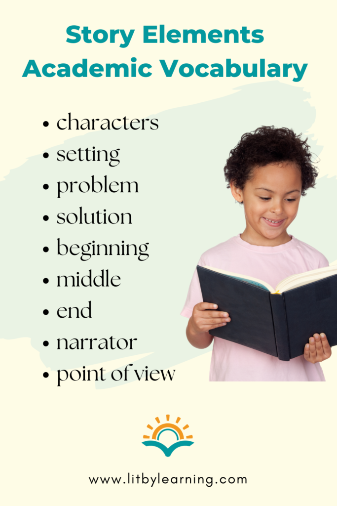 What academic vocabulary should you use when teaching elements to a story? Check this list of story element terms!